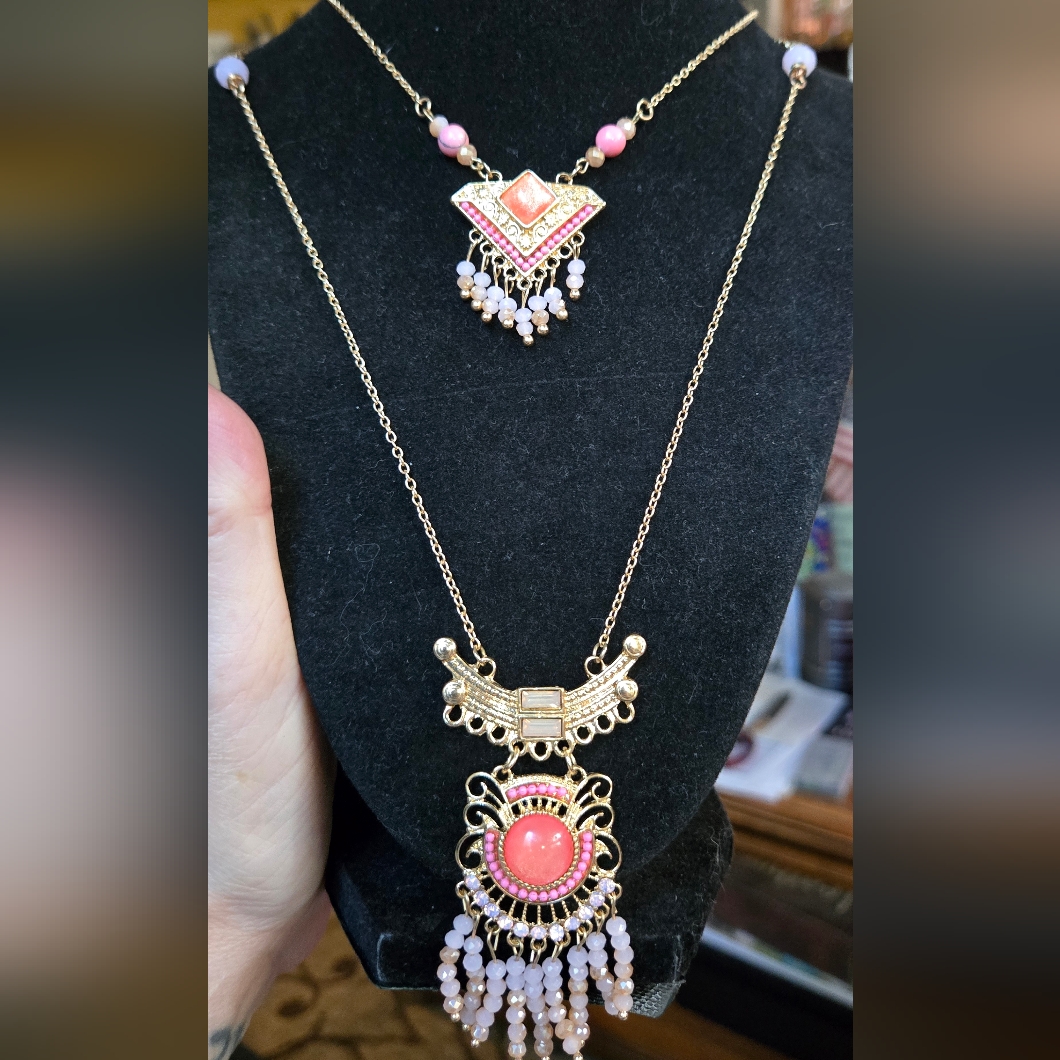 Handmade Dual Peach Tribal Style Long Statement Necklace Sz34